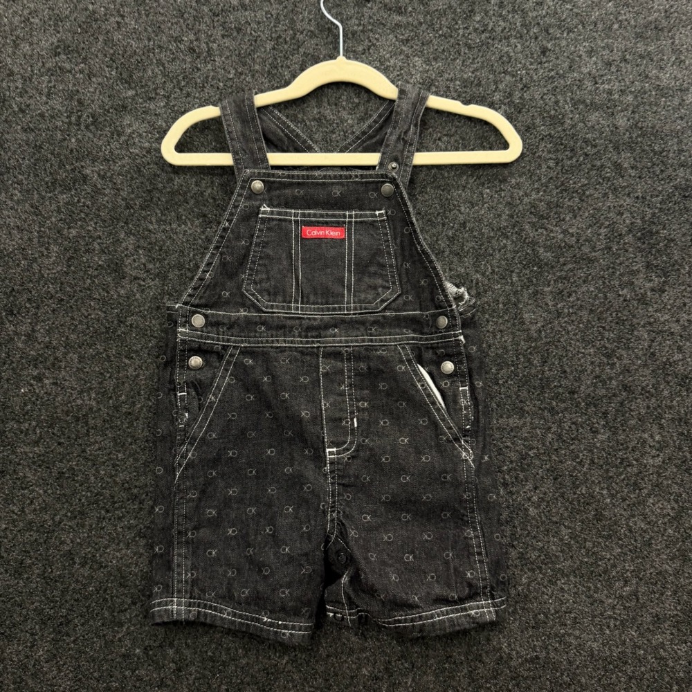 Vintage Calvin Klein Kids Black Denim Monogram Overalls Shortalls 24M CK Logo